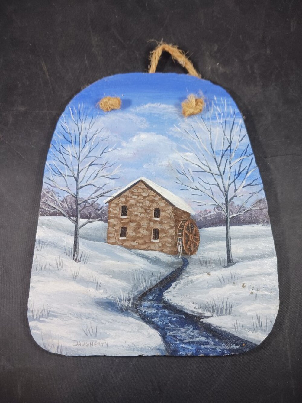 Vintage Winter Rural House Slate Oil Painting 6" x 5"